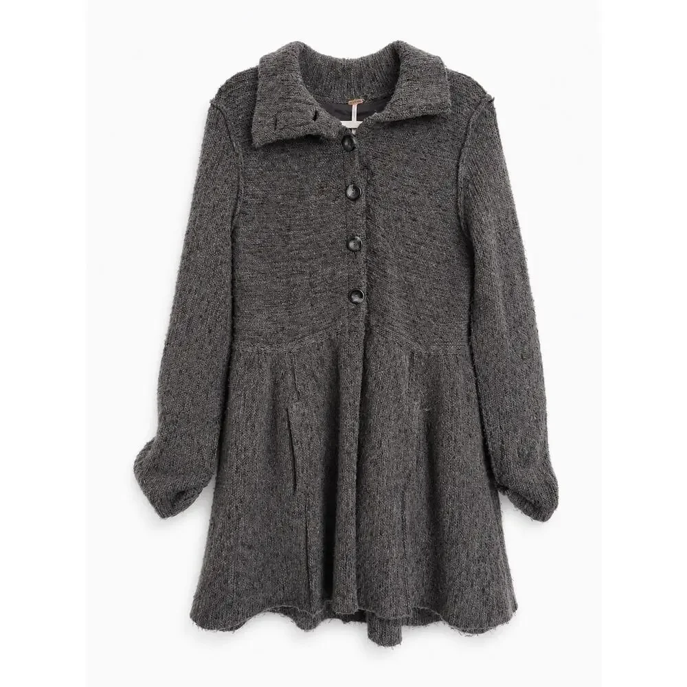 Free People Gray Chunky Wool Peplum Sweater Coat Button Front Sz Large